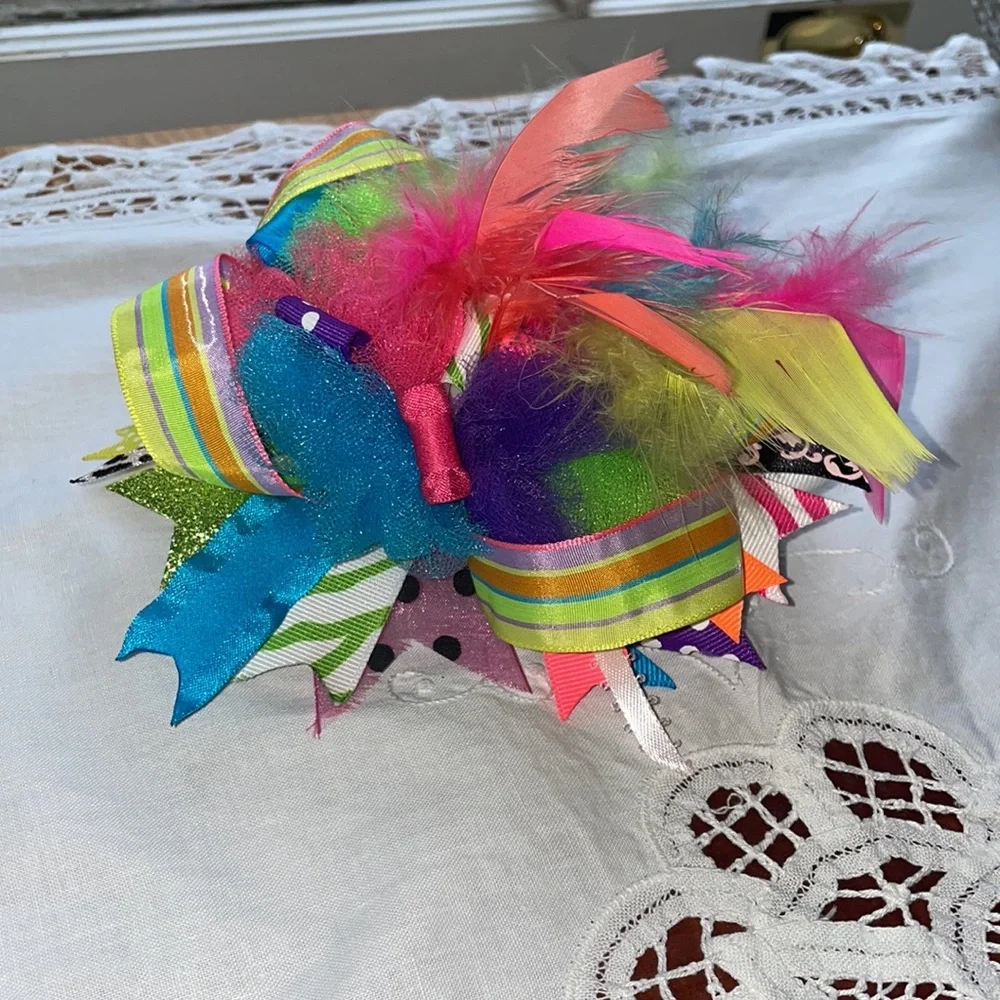 Girls Large Custom Boutique Hair Bow Feathers Rainbow Ribbon Zebra Polka Dot